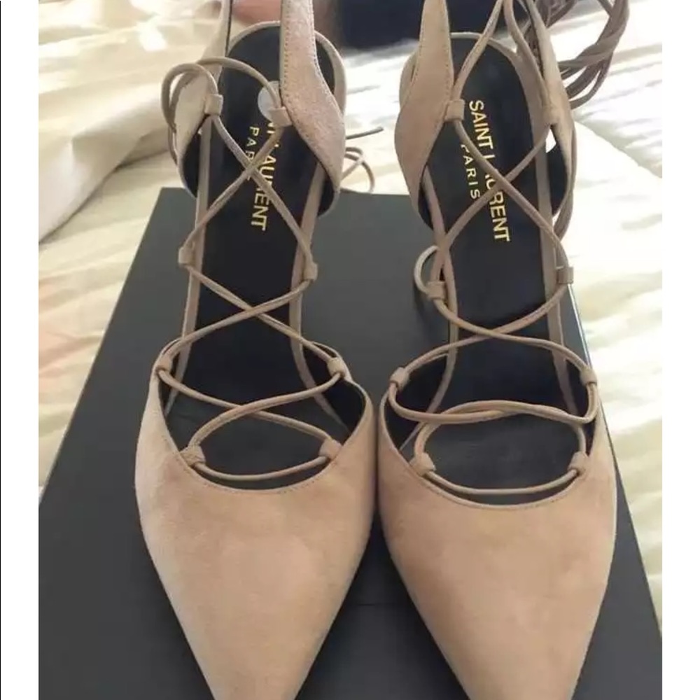 NIB SAINT LAURENT BEIGE SUEDE LACE UP PUMPS 38.5